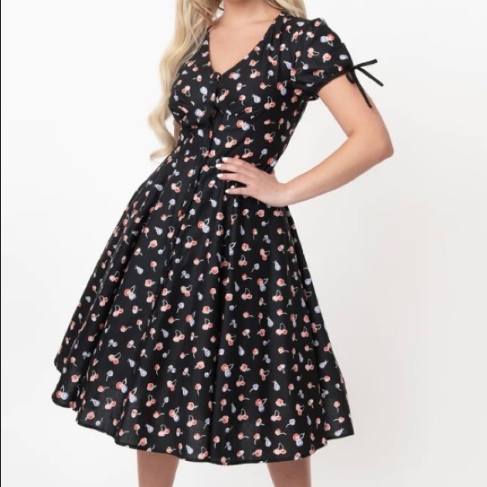 Unique Vintage Black & Multicolor Cherry Print Dora Swing Dress